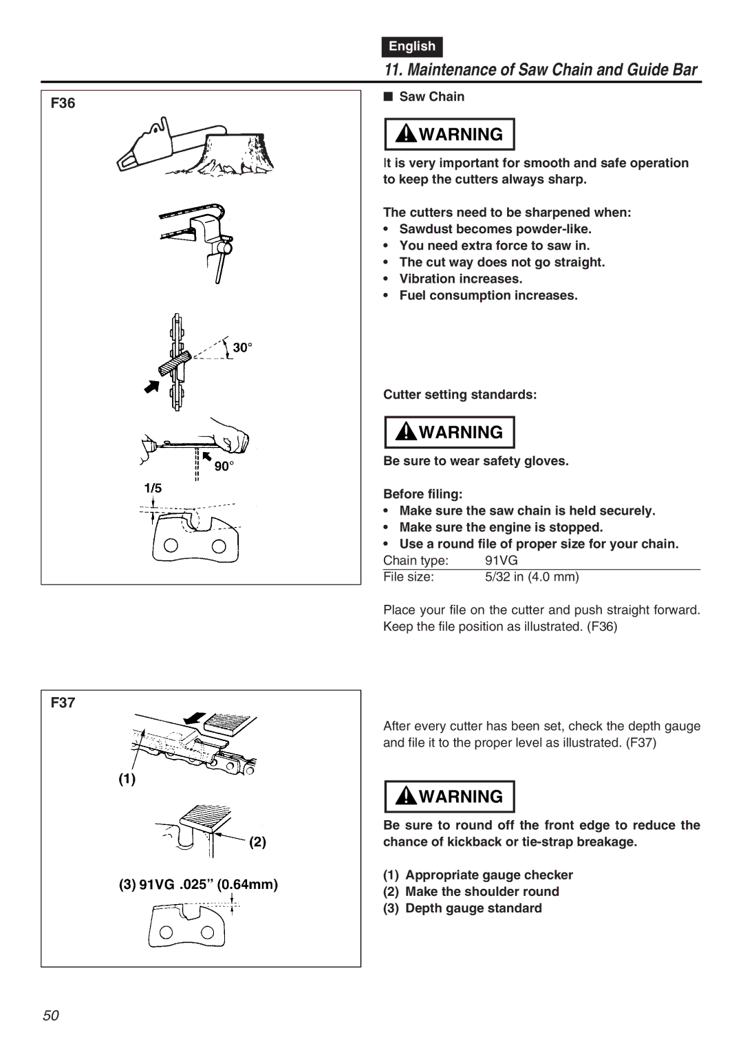 RedMax GZ4000 manual Maintenance of Saw Chain and Guide Bar 