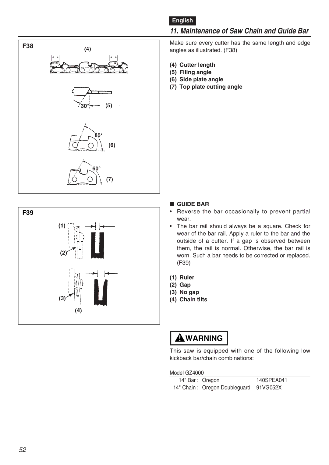 RedMax GZ4000 manual Guide BAR, Ruler Gap No gap Chain tilts 