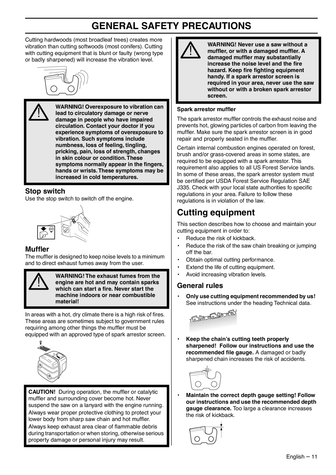 RedMax GZ7000 manual Cutting equipment, Stop switch, Mufﬂer, General rules 