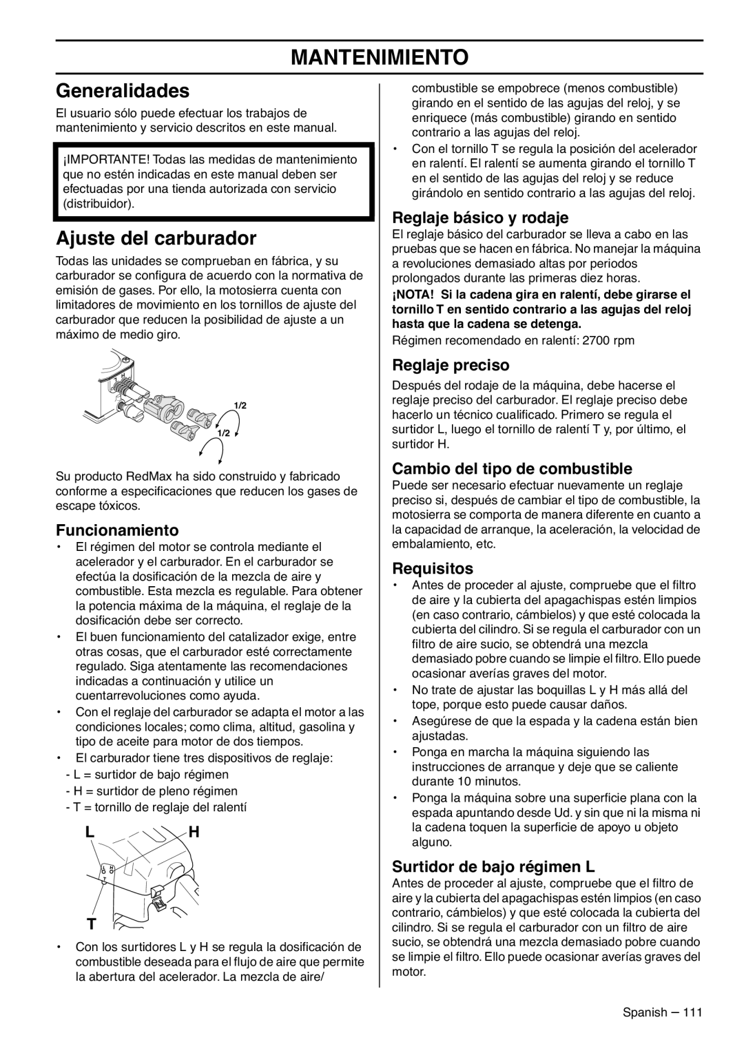 RedMax GZ7000 manual Mantenimiento, Generalidades, Ajuste del carburador 