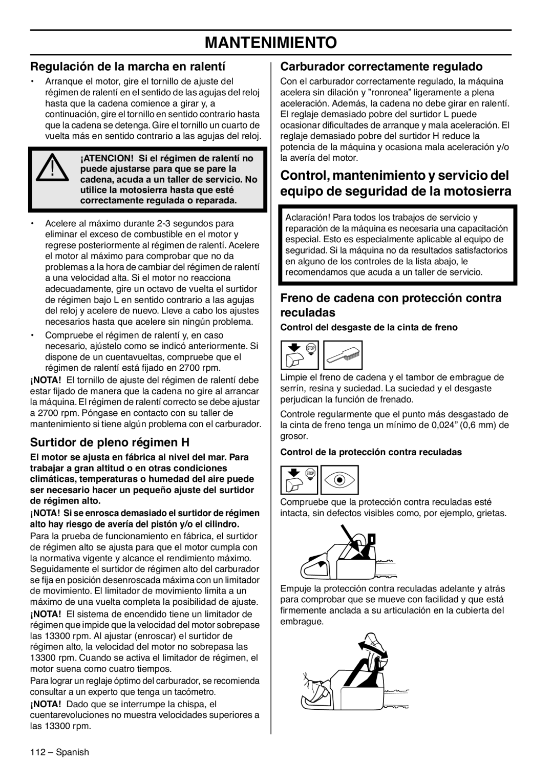 RedMax GZ7000 manual Regulación de la marcha en ralentí, Surtidor de pleno régimen H, Carburador correctamente regulado 