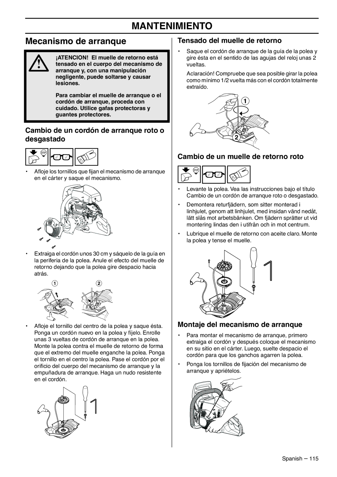 RedMax GZ7000 Mecanismo de arranque, Cambio de un cordón de arranque roto o desgastado, Tensado del muelle de retorno 