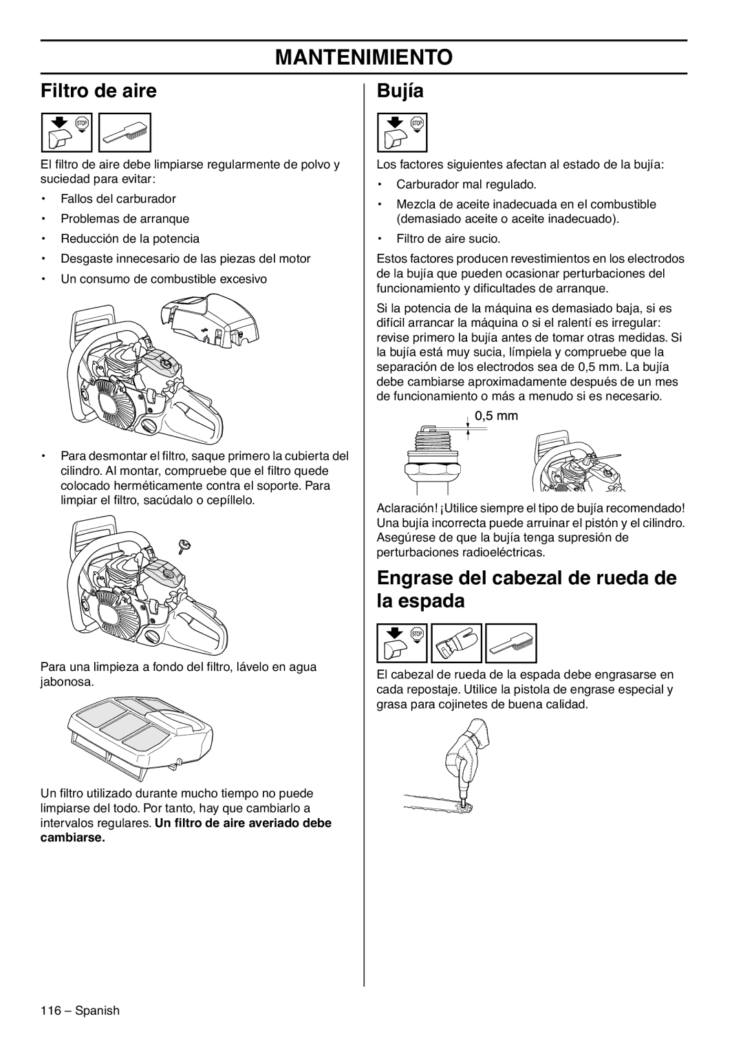 RedMax GZ7000 manual Filtro de aire, Bujía, Engrase del cabezal de rueda de la espada, Cambiarse 