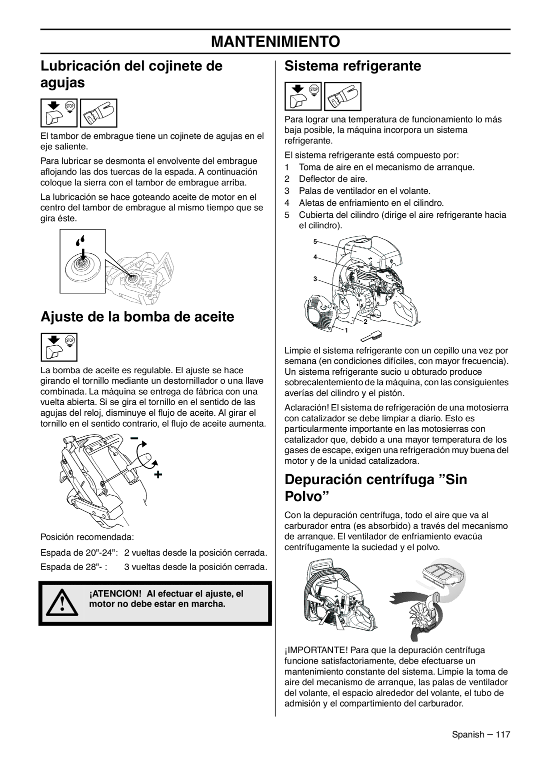 RedMax GZ7000 manual Lubricación del cojinete de agujas, Ajuste de la bomba de aceite, Sistema refrigerante 