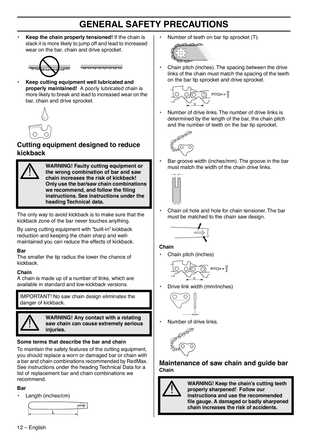 RedMax GZ7000 manual Cutting equipment designed to reduce kickback, Maintenance of saw chain and guide bar, Bar, Chain 