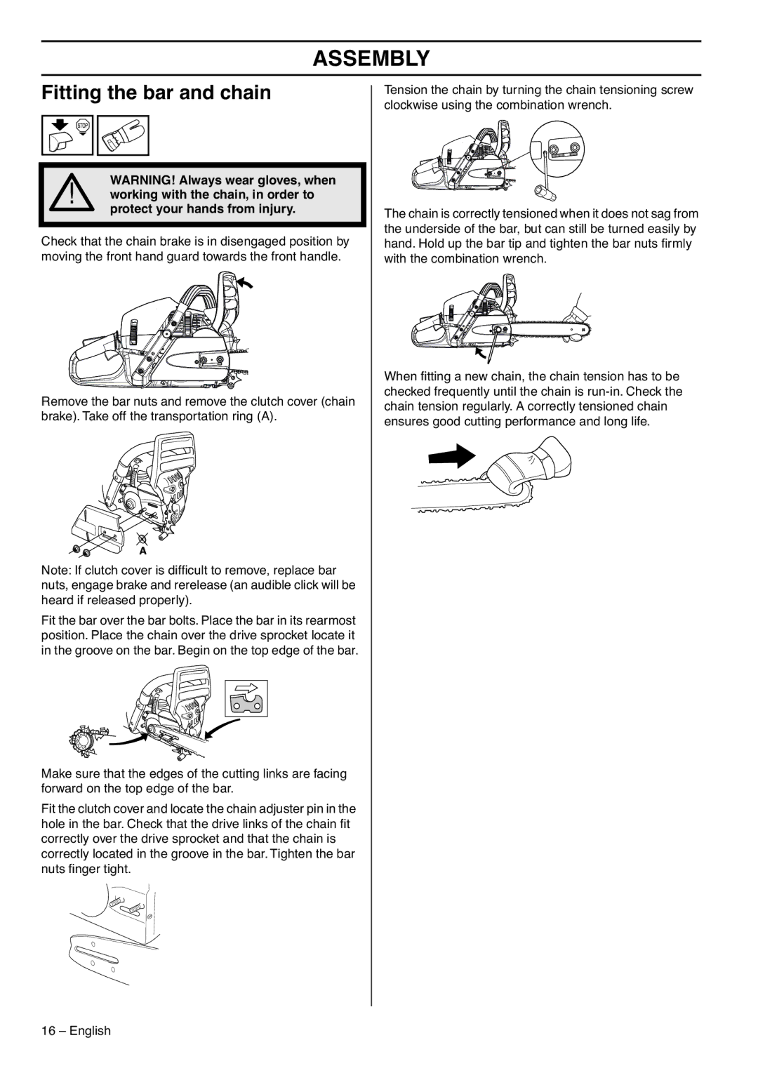 RedMax GZ7000 manual Assembly, Fitting the bar and chain, Protect your hands from injury 