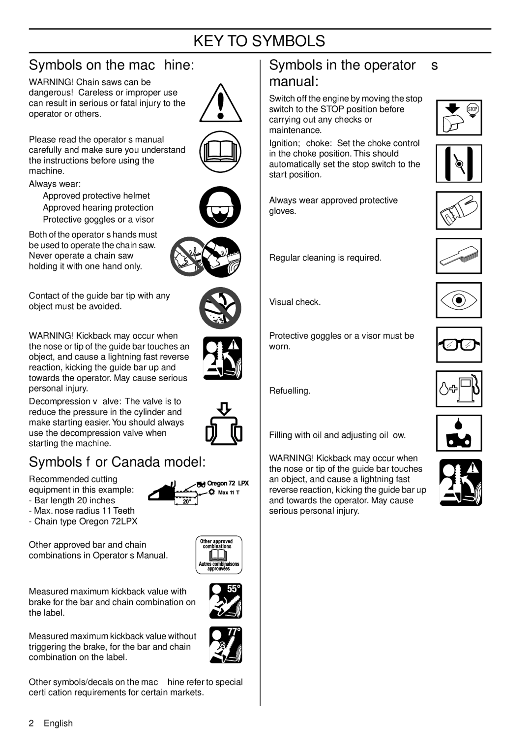 RedMax GZ7000 KEY to Symbols, Symbols on the machine, Symbols for Canada model, Symbols in the operator’s manual 