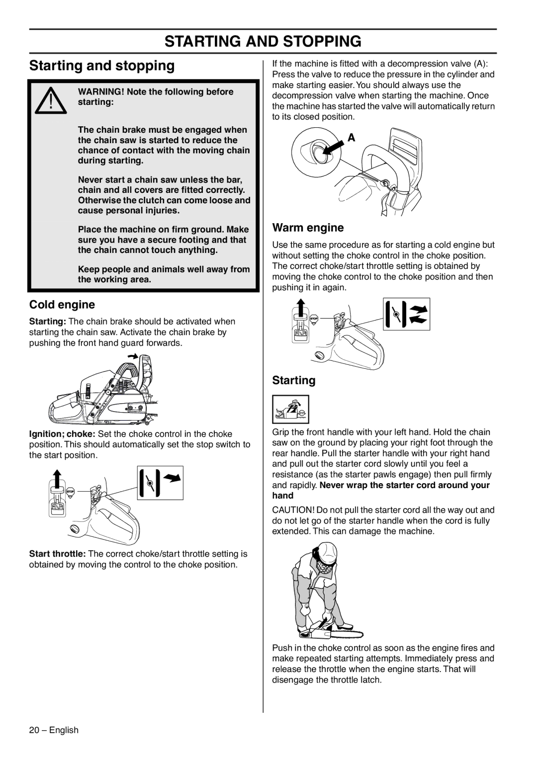 RedMax GZ7000 manual Starting and Stopping, Starting and stopping, Cold engine, Warm engine 