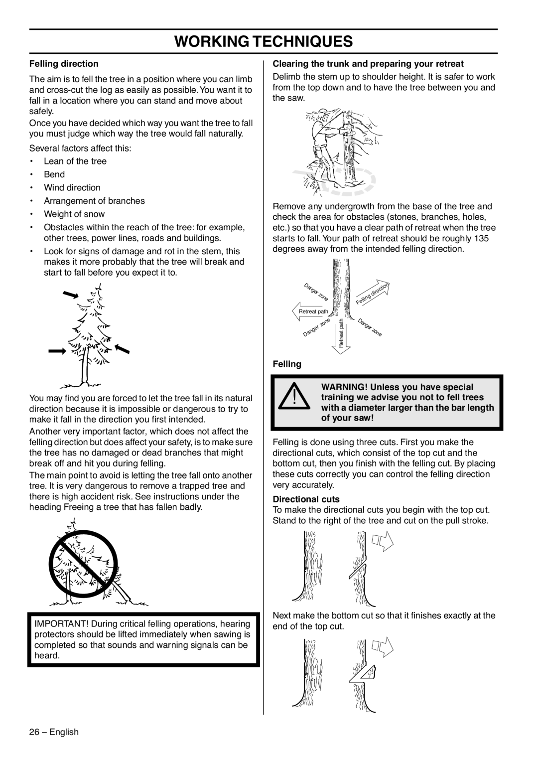 RedMax GZ7000 manual Felling direction, Clearing the trunk and preparing your retreat, Directional cuts 