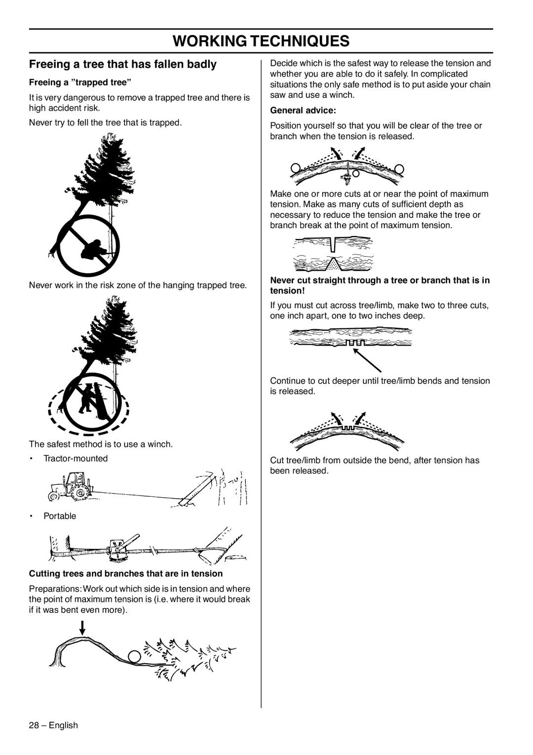 RedMax GZ7000 Freeing a tree that has fallen badly, Freeing a trapped tree, Cutting trees and branches that are in tension 