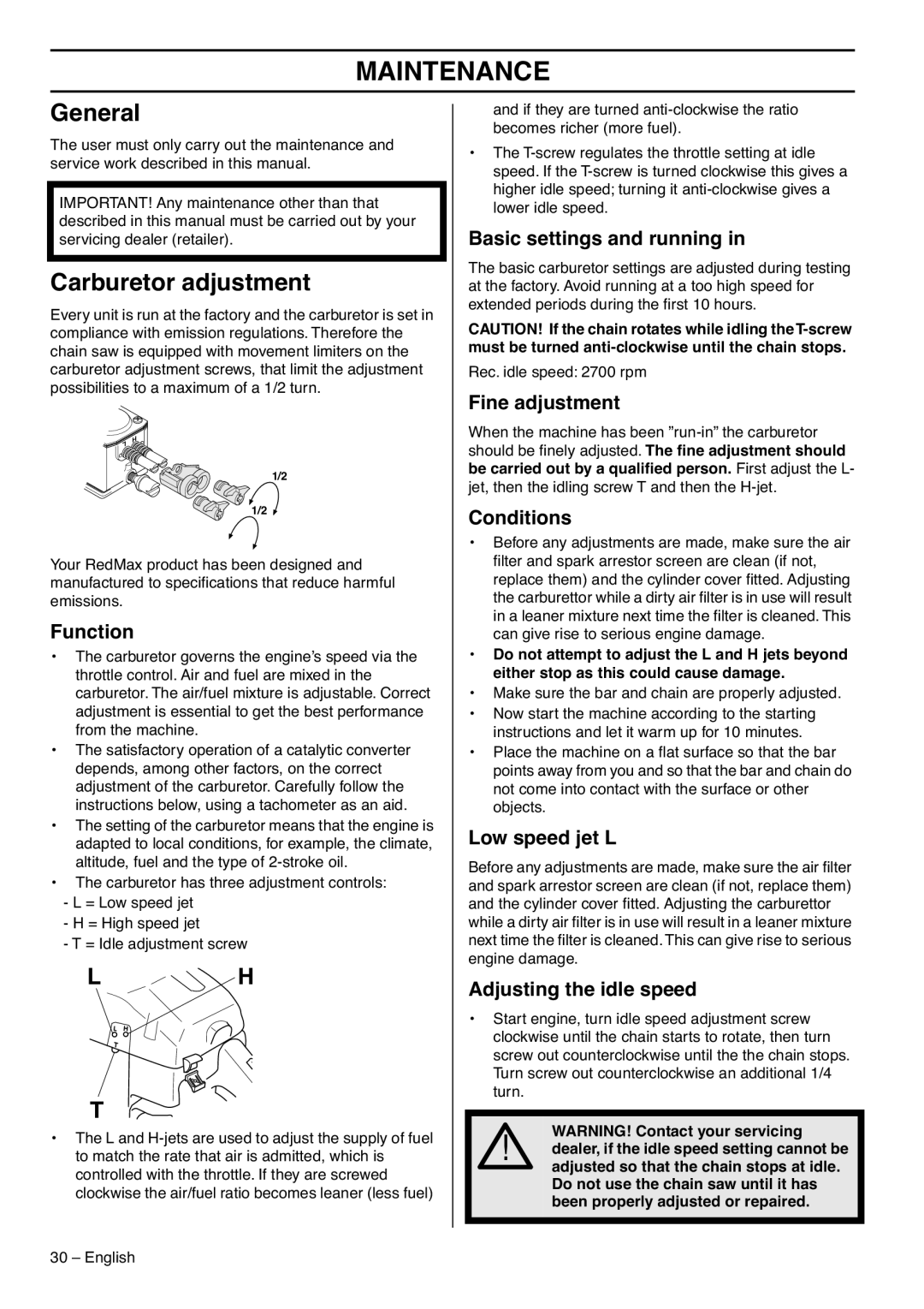 RedMax GZ7000 manual Maintenance, General, Carburetor adjustment 