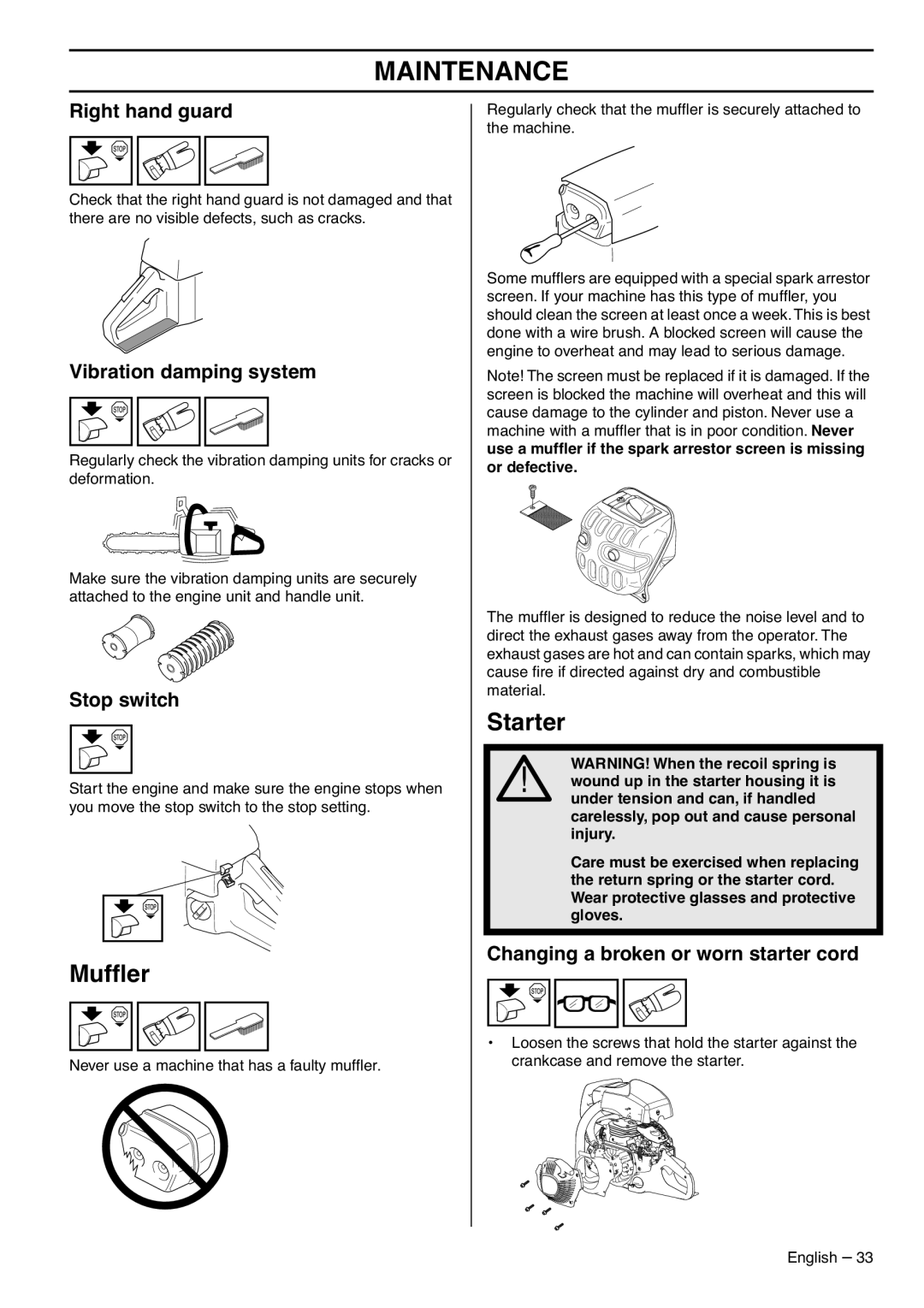 RedMax GZ7000 manual Mufﬂer, Starter, Changing a broken or worn starter cord 