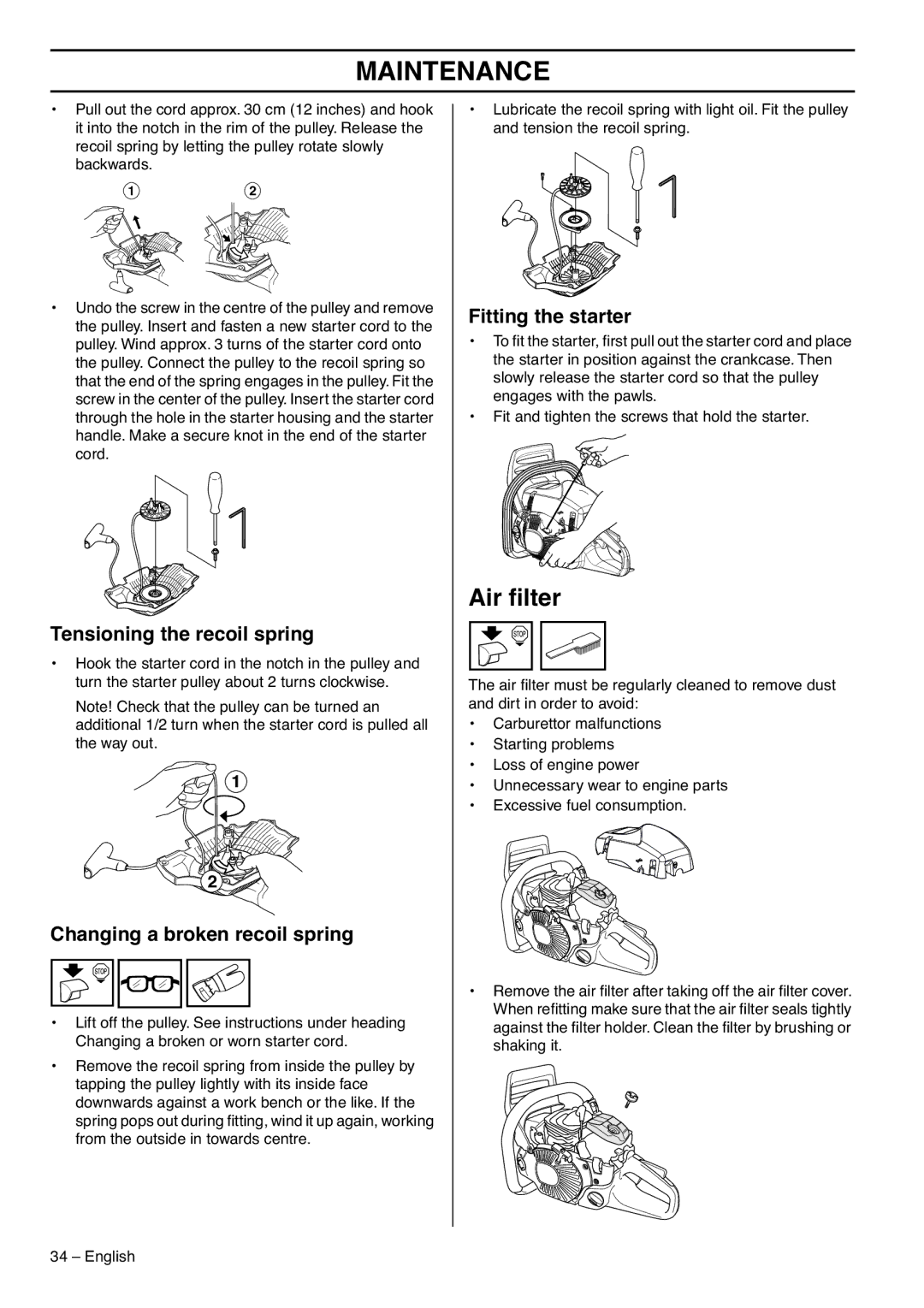 RedMax GZ7000 manual Air ﬁlter, Tensioning the recoil spring, Changing a broken recoil spring, Fitting the starter 