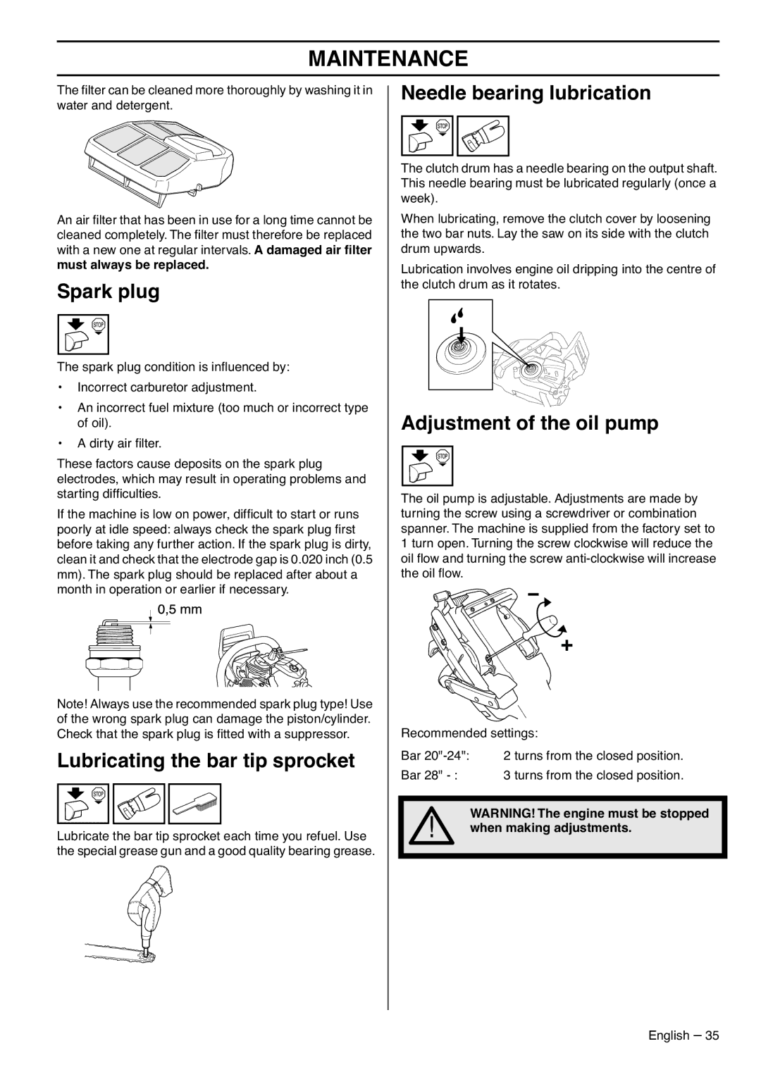 RedMax GZ7000 manual Spark plug, Lubricating the bar tip sprocket, Needle bearing lubrication, Adjustment of the oil pump 