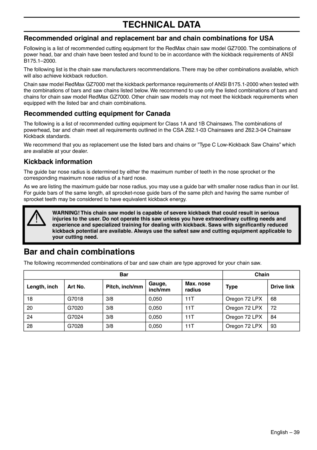 RedMax GZ7000 manual Bar and chain combinations, Recommended cutting equipment for Canada, Kickback information 