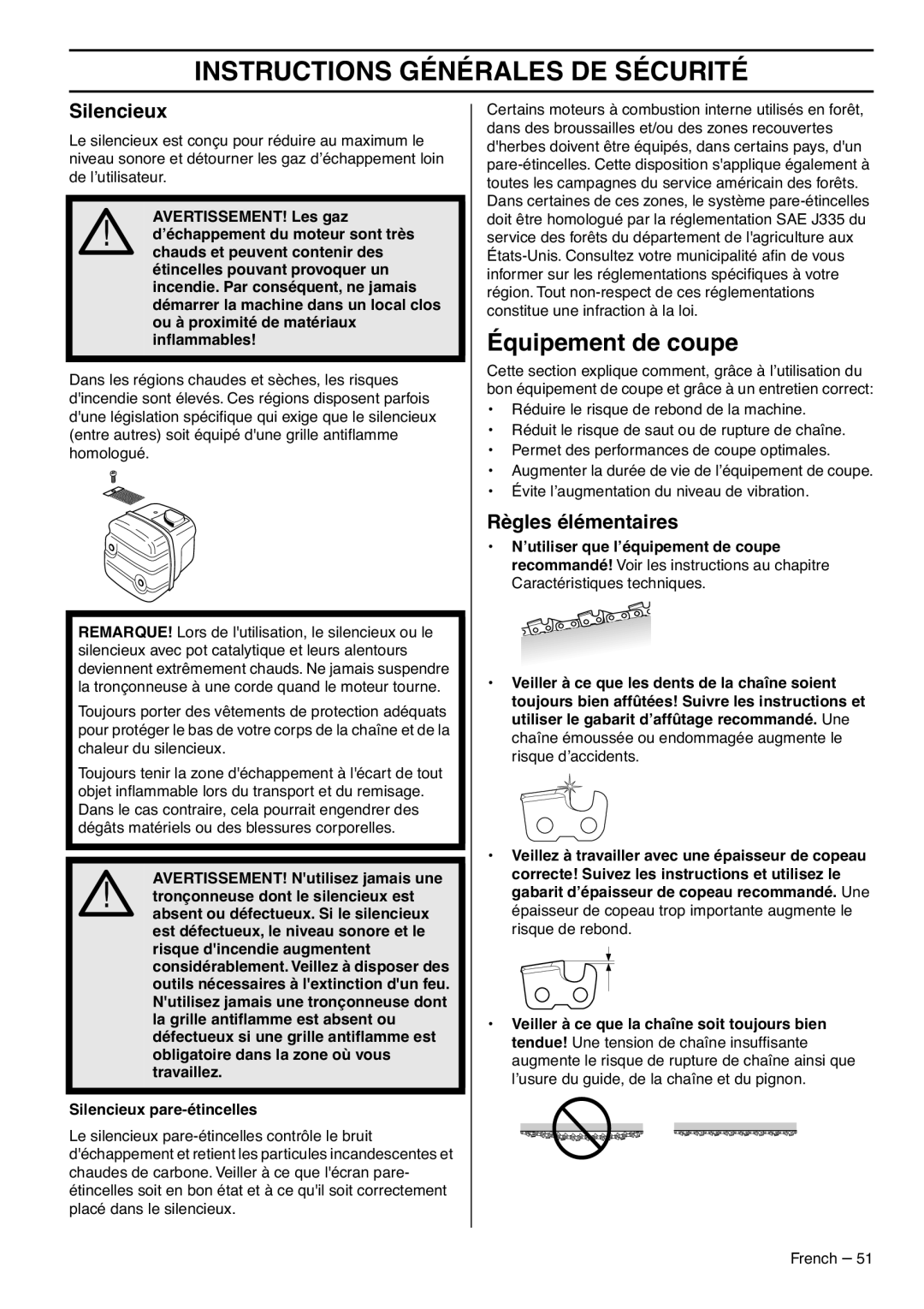 RedMax GZ7000 manual Équipement de coupe, Silencieux, Règles élémentaires 