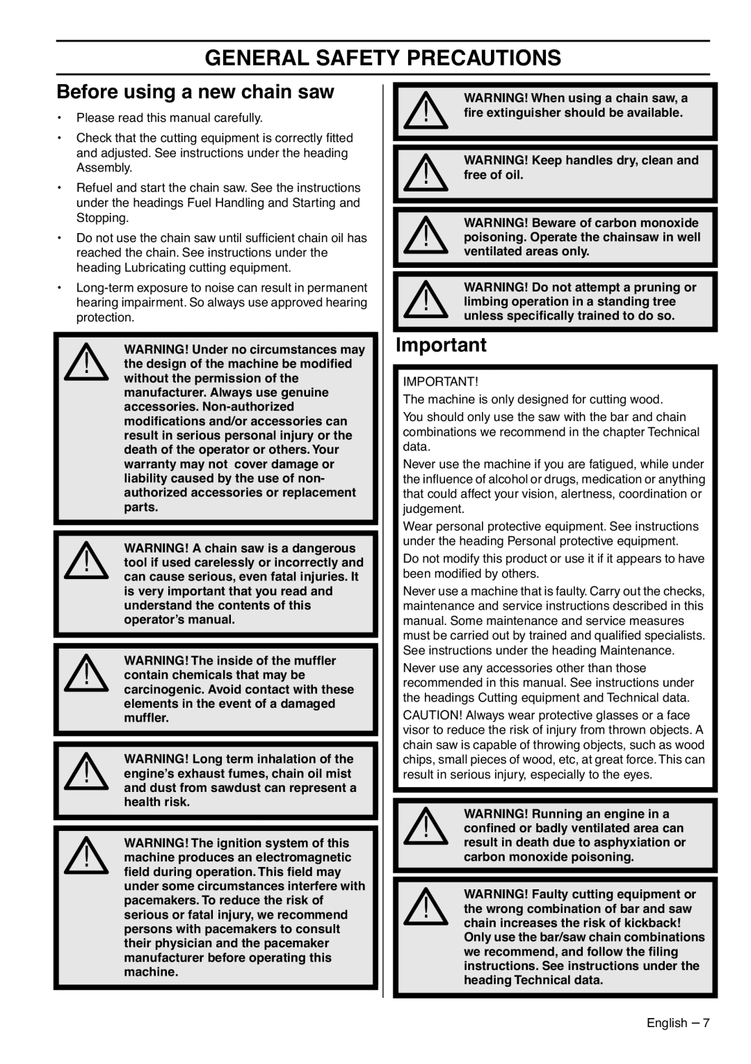 RedMax GZ7000 manual General Safety Precautions, Before using a new chain saw 