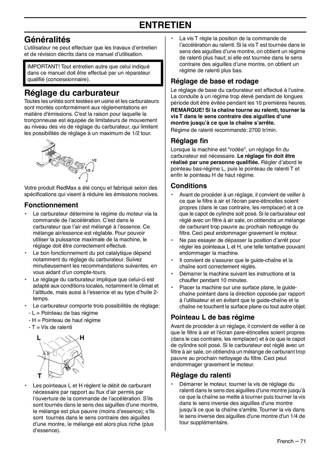 RedMax GZ7000 manual Entretien, Généralités, Réglage du carburateur 