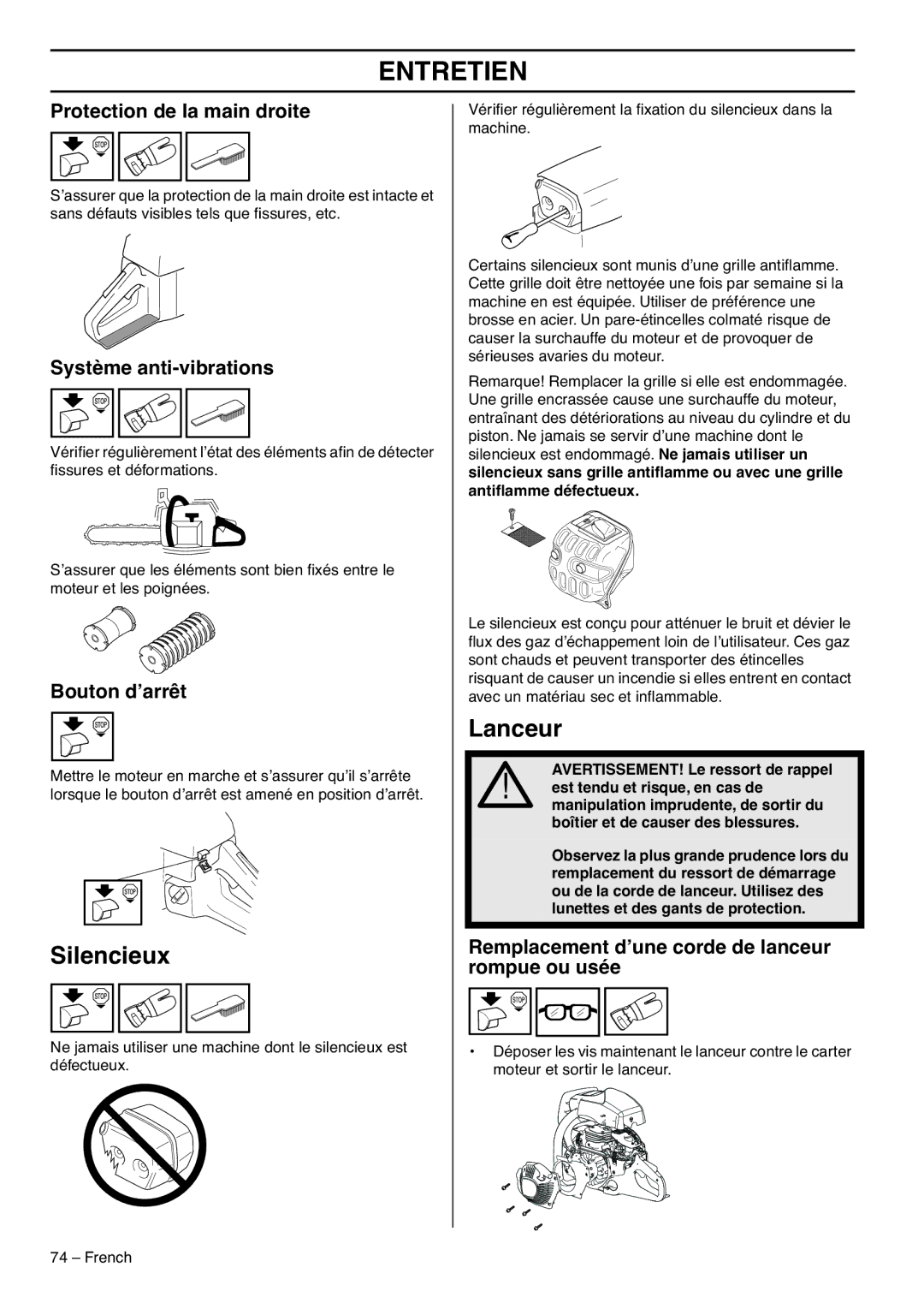 RedMax GZ7000 Silencieux, Lanceur, Remplacement d’une corde de lanceur rompue ou usée, AVERTISSEMENT! Le ressort de rappel 