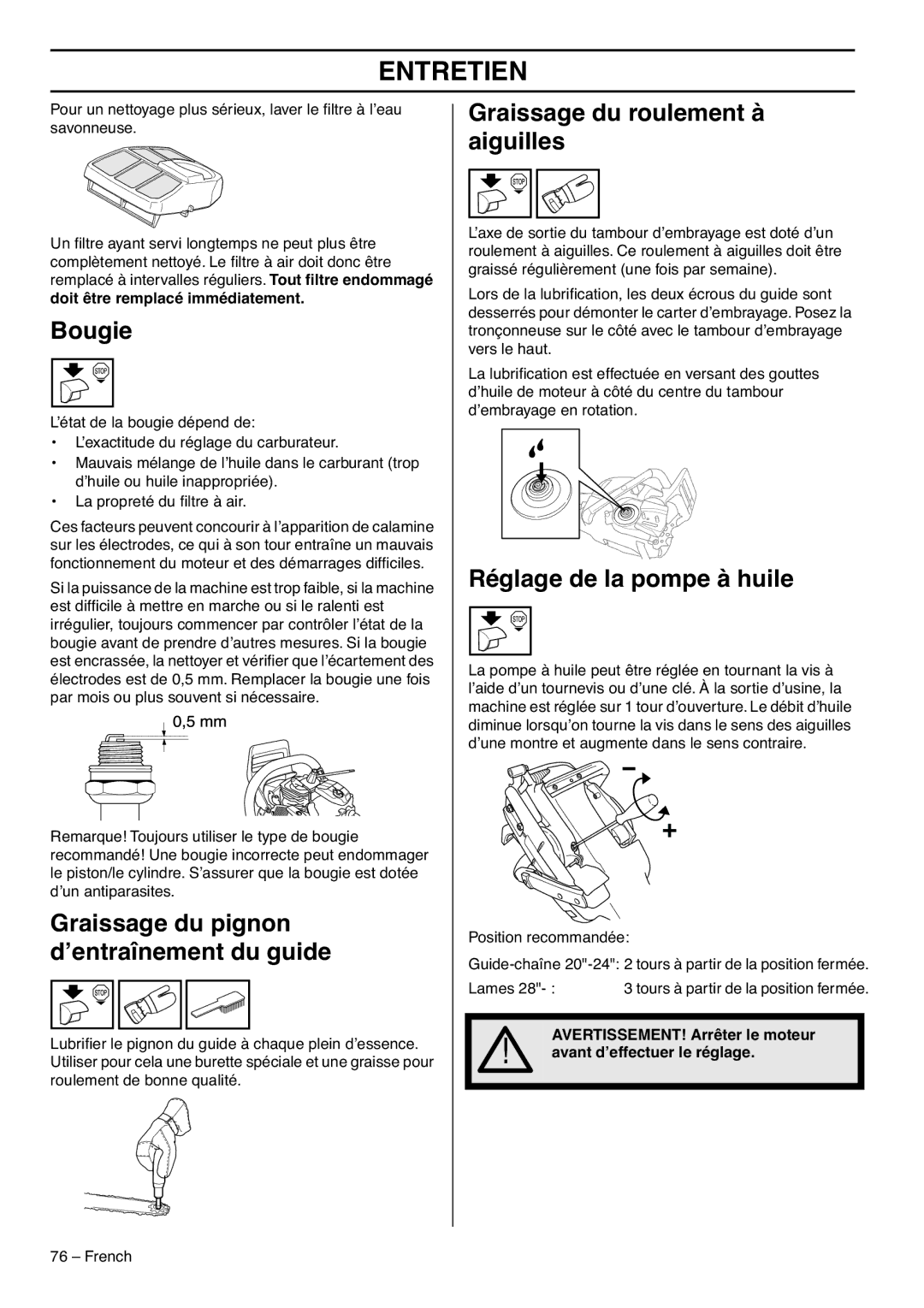 RedMax GZ7000 manual Bougie, Graissage du pignon d’entraînement du guide, Graissage du roulement à aiguilles 