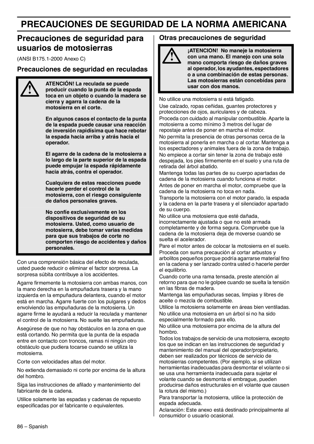 RedMax GZ7000 Precauciones DE Seguridad DE LA Norma Americana, Precauciones de seguridad para usuarios de motosierras 