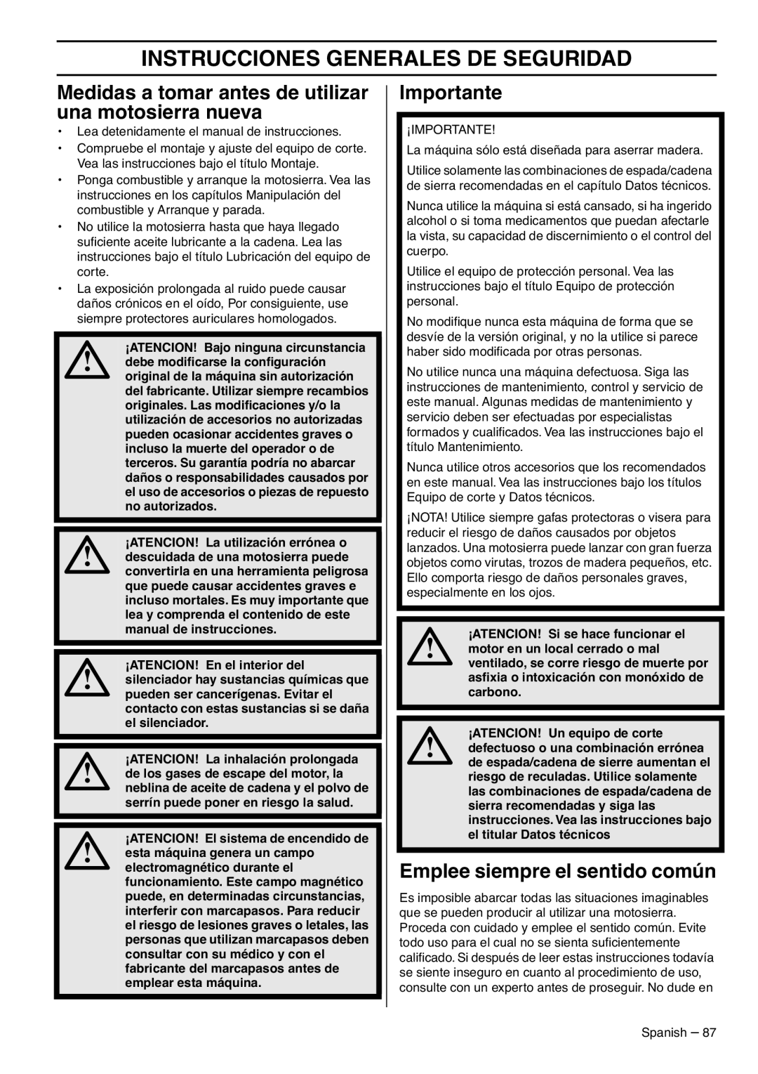 RedMax GZ7000 Instrucciones Generales DE Seguridad, Medidas a tomar antes de utilizar una motosierra nueva, Importante 