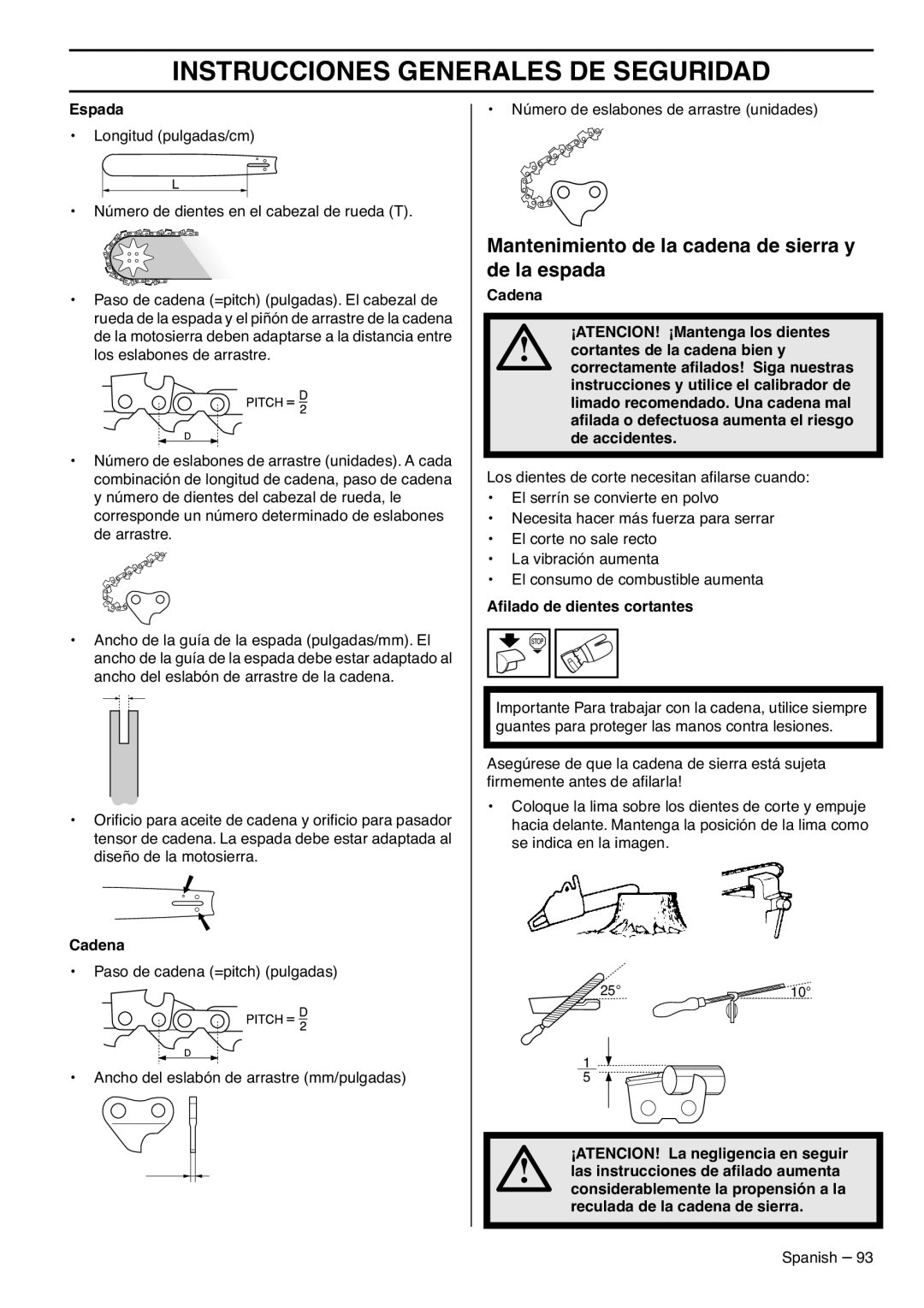 RedMax GZ7000 manual Mantenimiento de la cadena de sierra y de la espada, Aﬁlado de dientes cortantes 