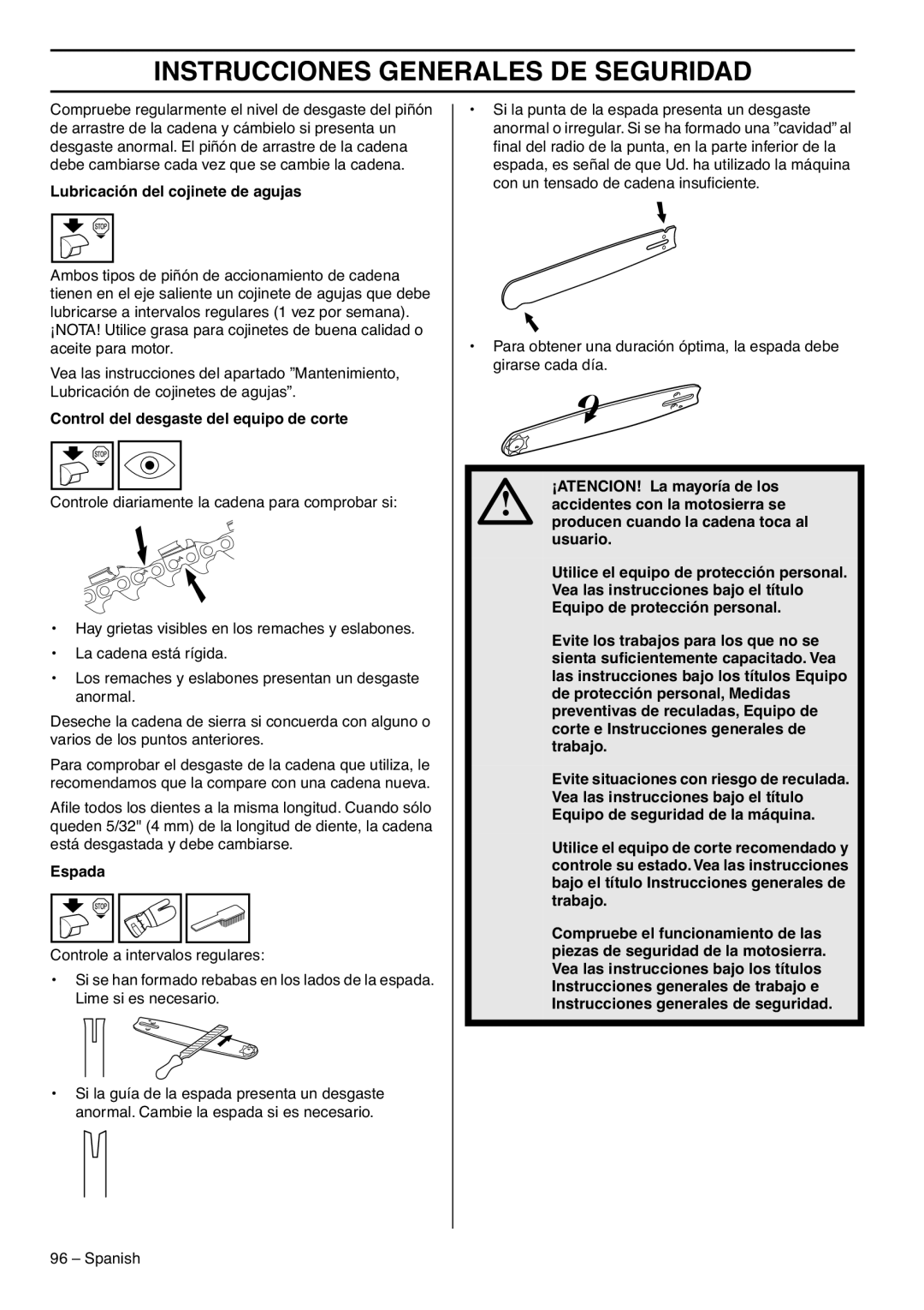 RedMax GZ7000 manual Lubricación del cojinete de agujas, Control del desgaste del equipo de corte 