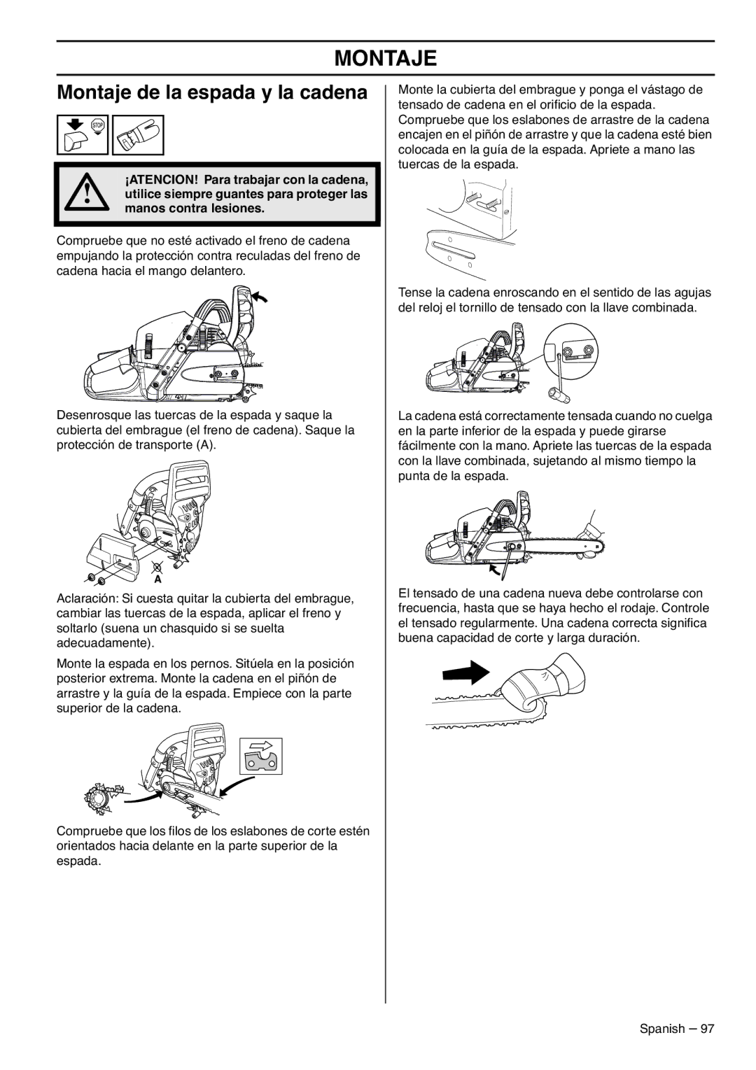 RedMax GZ7000 manual Montaje de la espada y la cadena, Manos contra lesiones 