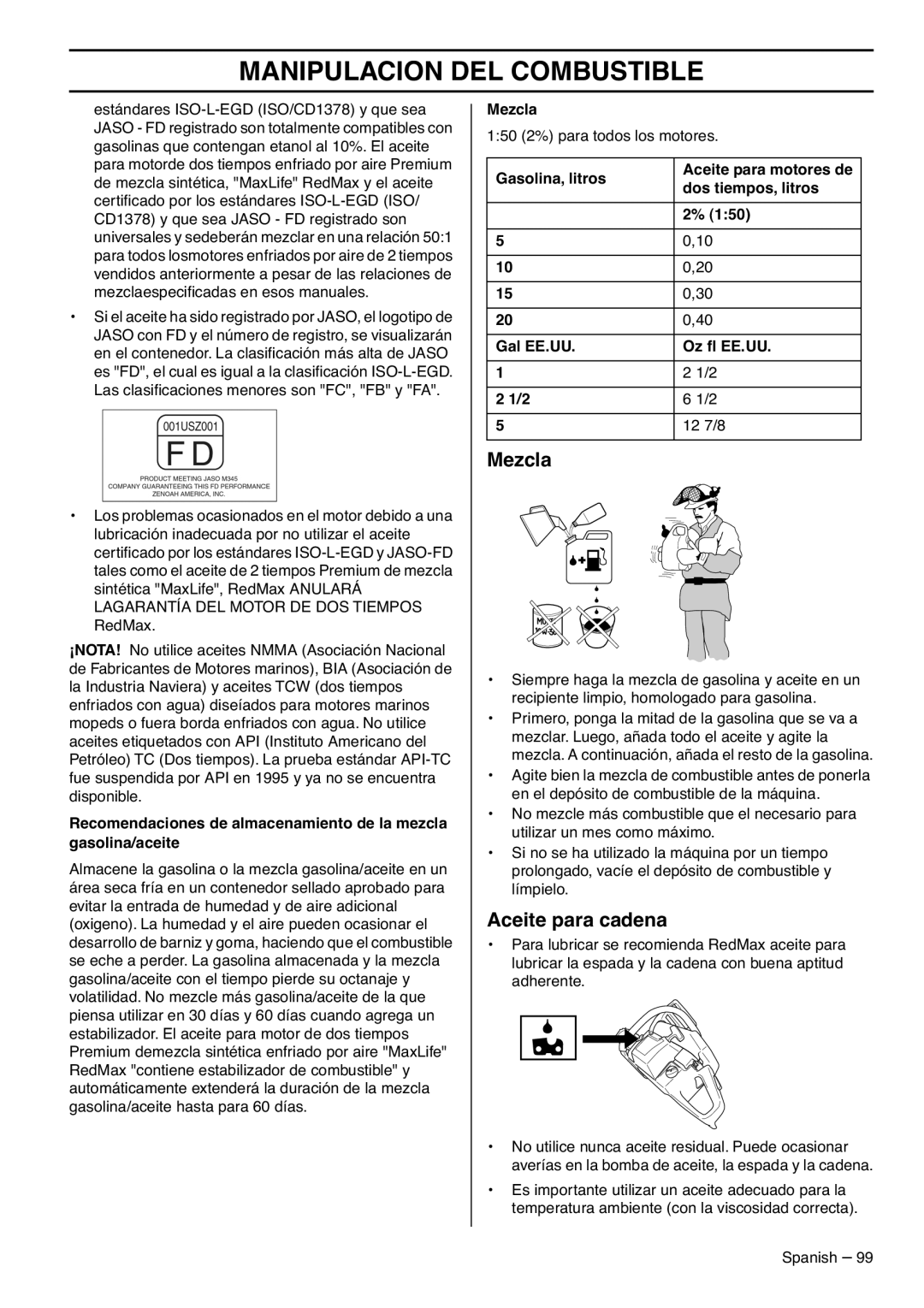 RedMax GZ7000 manual Mezcla, Aceite para cadena 