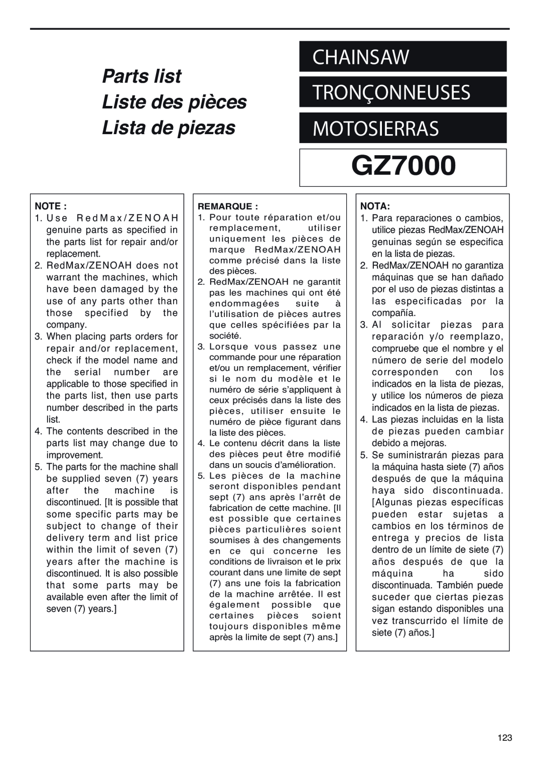RedMax GZ7000 manual Chainsaw, Motosierras, Tronçonneuses, Parts list, Liste des pièces, Lista de piezas, Nota 