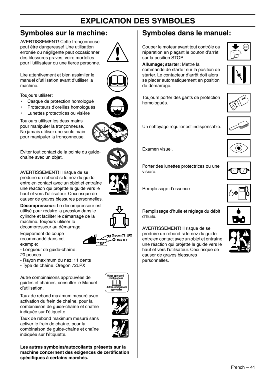 RedMax GZ7000 manual Explication Des Symboles, Symboles sur la machine, Symboles dans le manuel 