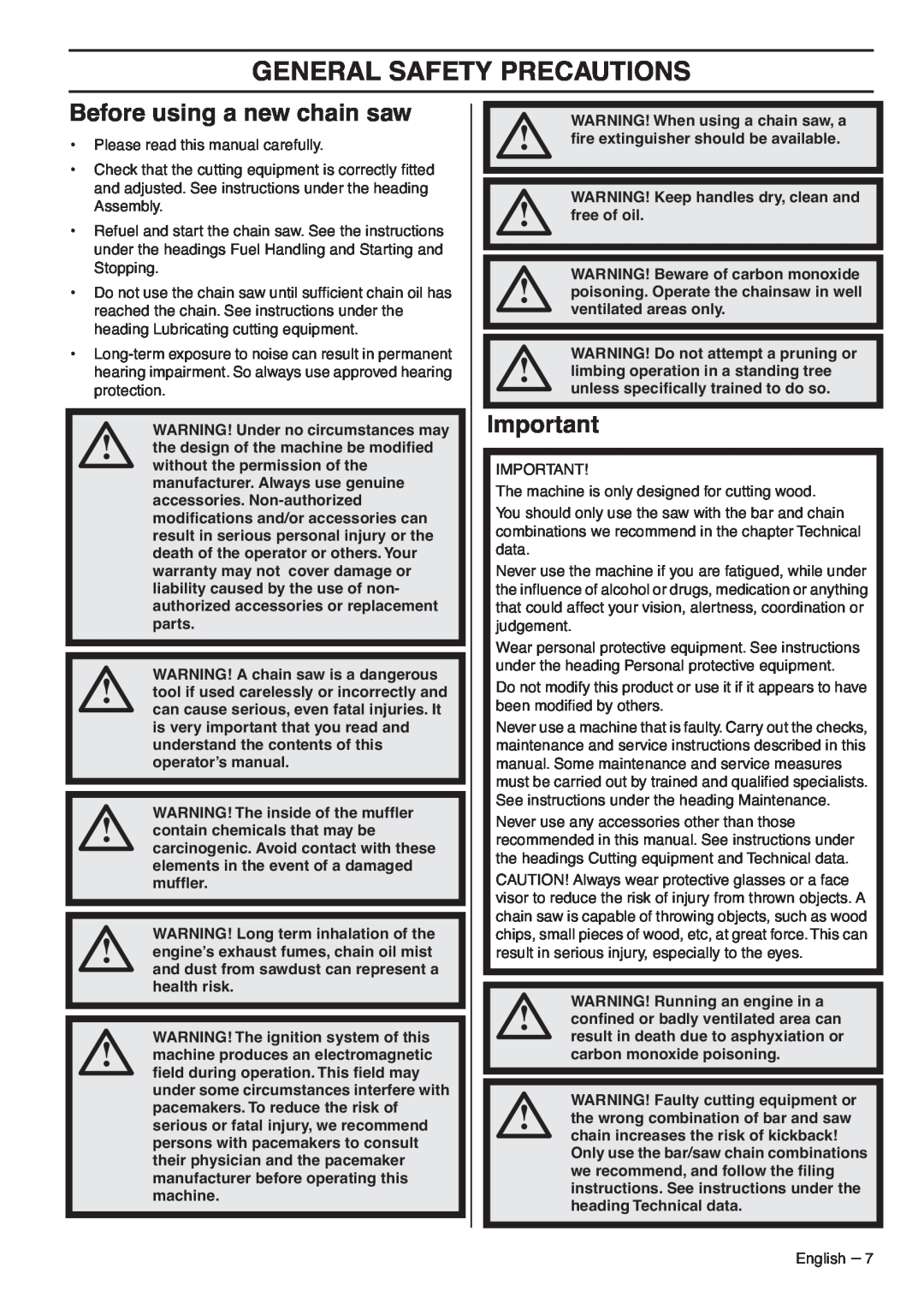 RedMax GZ7000 manual General Safety Precautions, Before using a new chain saw 