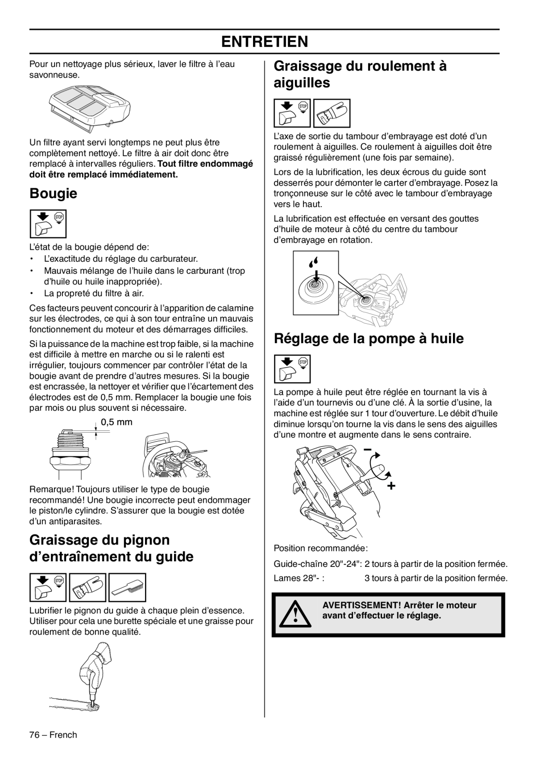 RedMax GZ7000 manual Bougie, Graissage du pignon d’entraînement du guide, Graissage du roulement à aiguilles, Entretien 