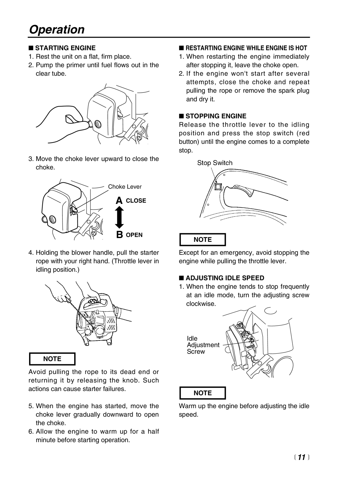 RedMax HB250 Operation, Starting Engine, Restarting Engine While Engine is HOT, Stopping Engine, Adjusting Idle Speed 