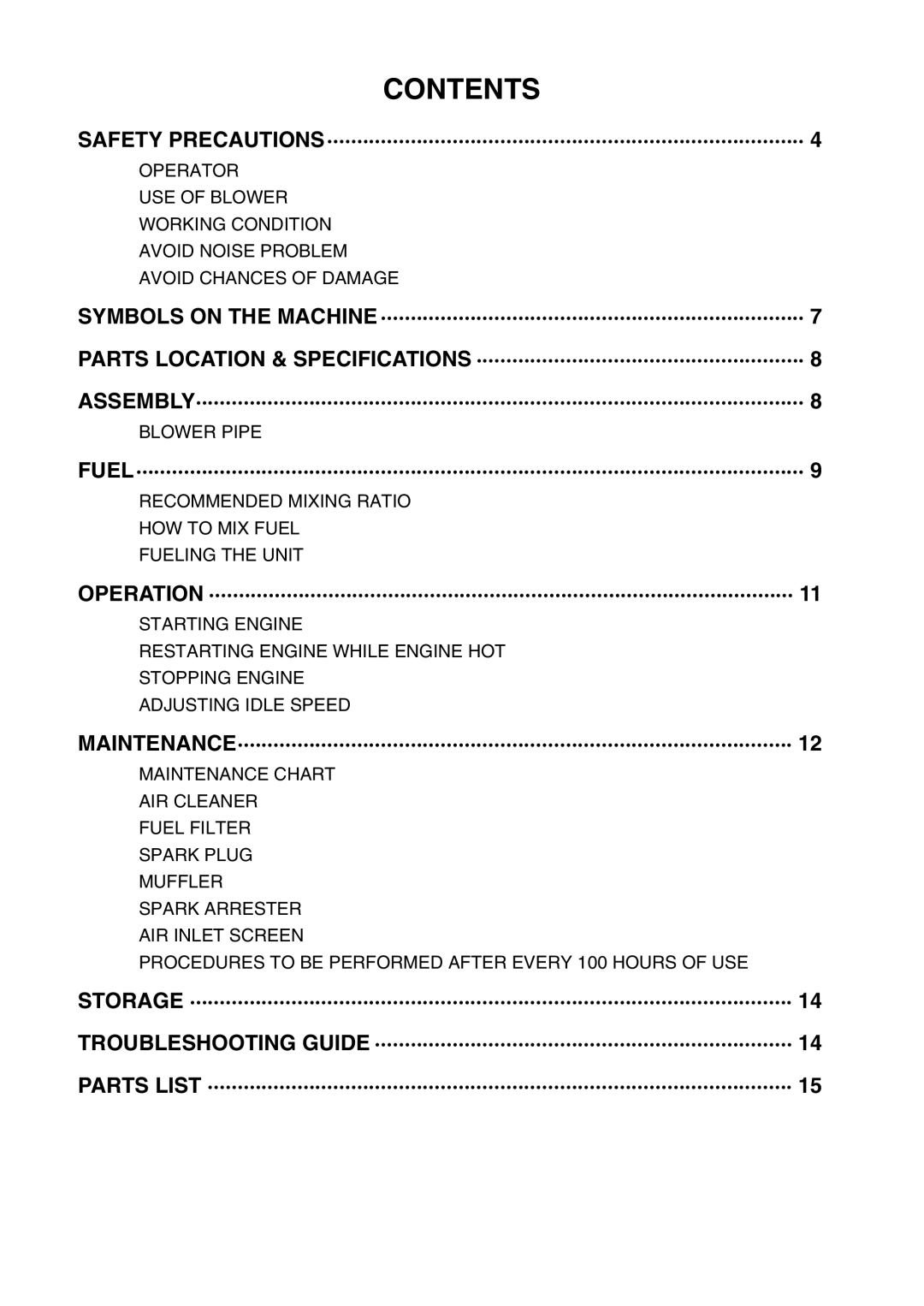 RedMax HB250 manual Contents 