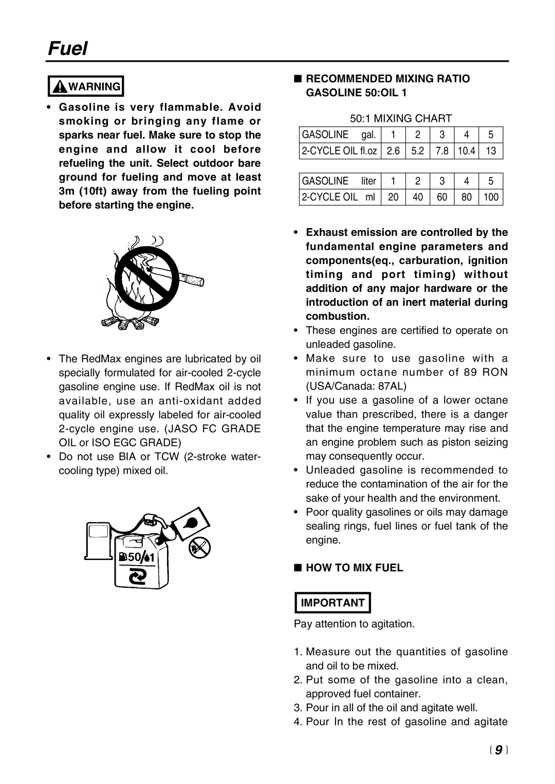 RedMax HB250 manual Recommended Mixing Ratio Gasoline 50OIL, HOW to MIX Fuel 