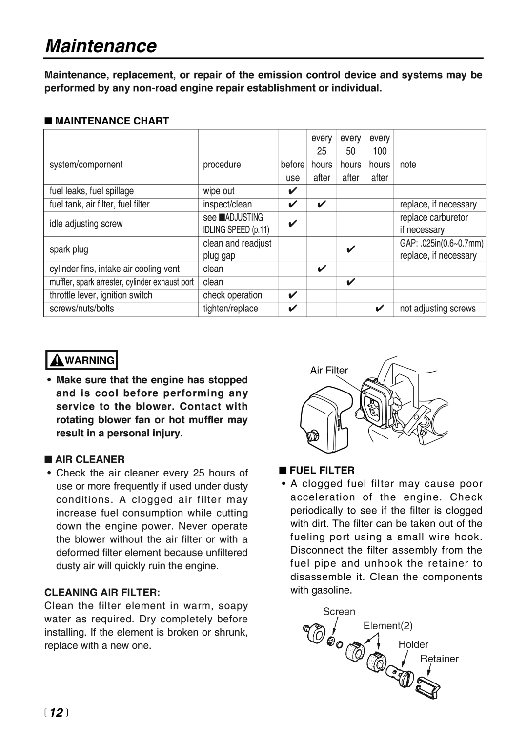 RedMax HB250 manual  12 , Maintenance Chart, Air Cleaner, Cleaning Air Filter, Fuel Filter 