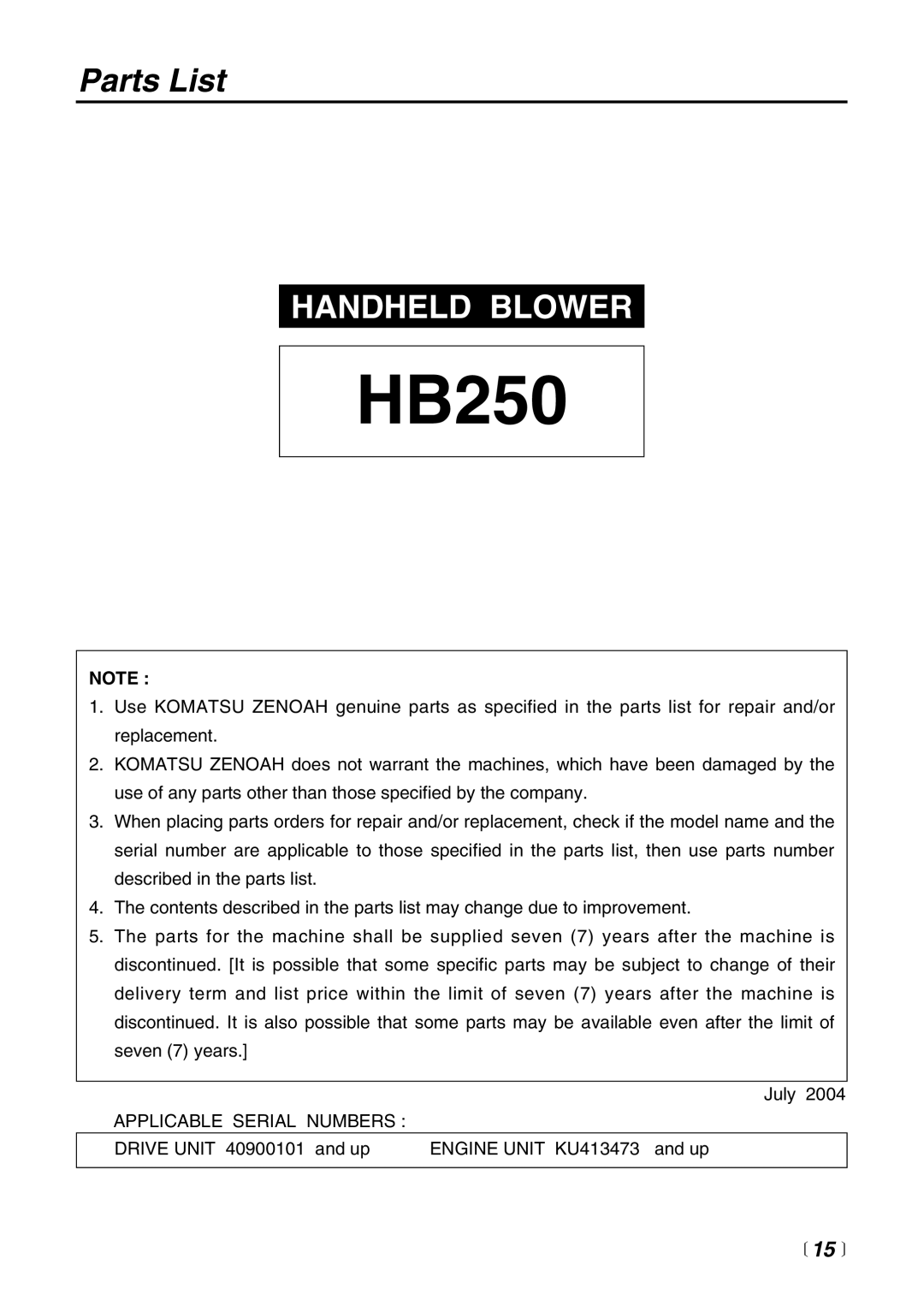 RedMax HB250 manual Parts List,  15 , Handheld Blower 