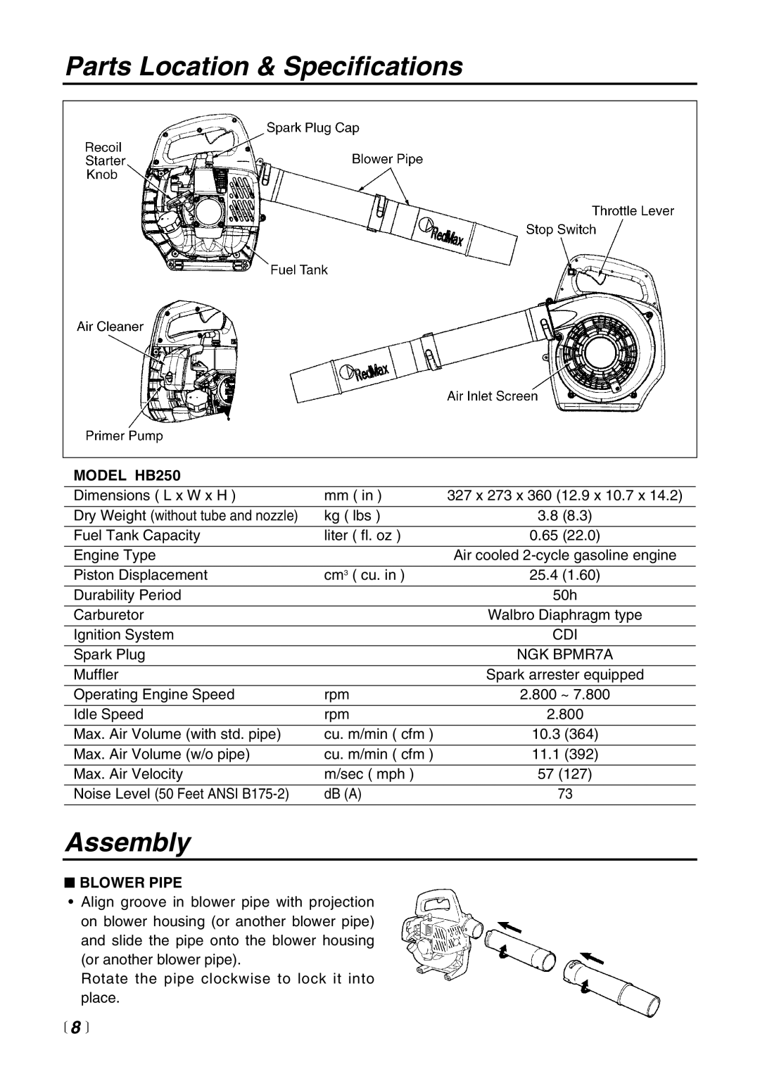 RedMax manual Parts Location & Specifications, Assembly,  8 , MODEL HB250, Blower Pipe 