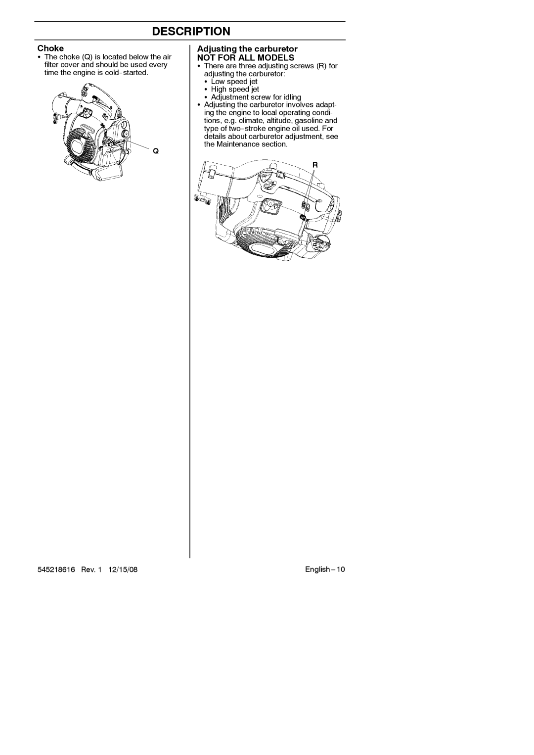 RedMax HB280 manual Choke, Adjusting the carburetor, Not for ALL Models, Adjustment screw for idling 