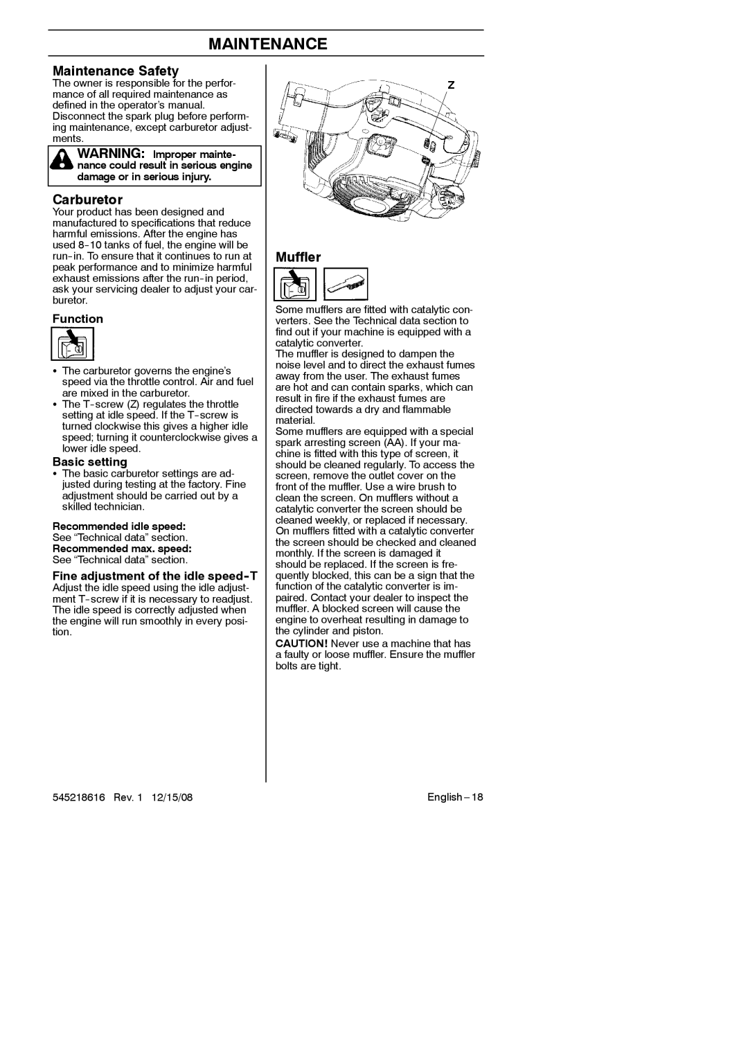 RedMax HB280 manual Maintenance Safety, Carburetor 