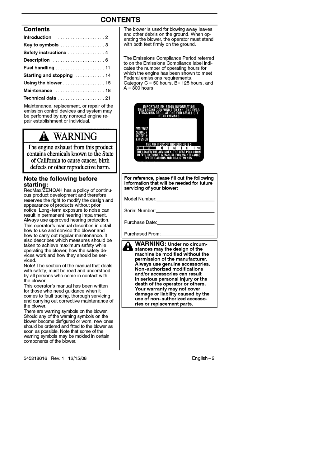 RedMax HB280 manual Contents 