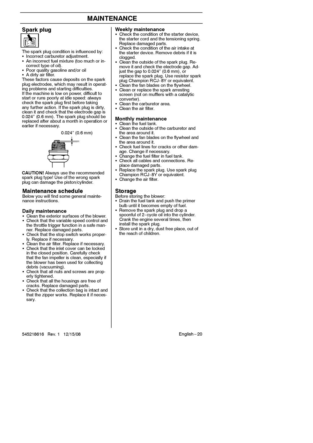 RedMax HB280 manual Spark plug, Maintenance schedule, Storage 