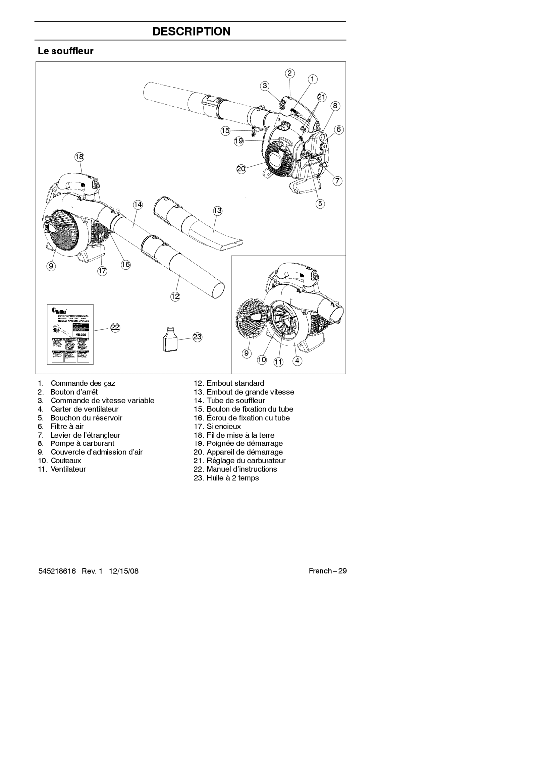 RedMax HB280 manual Le souffleur, Commande des gaz Embout standard Bouton d’arrêt, Bouchon du réservoir 