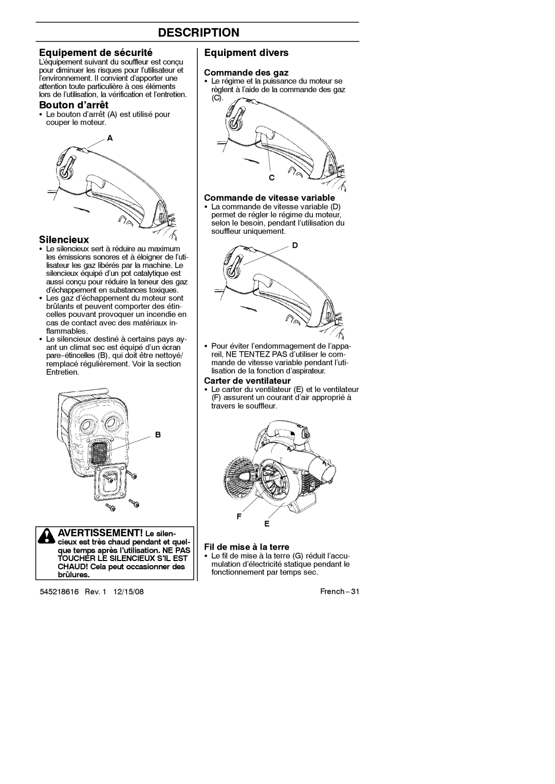 RedMax HB280 manual Equipement de sécurité, Bouton d’arrêt, AVERTISSEMENT! Le silen, Equipment divers 