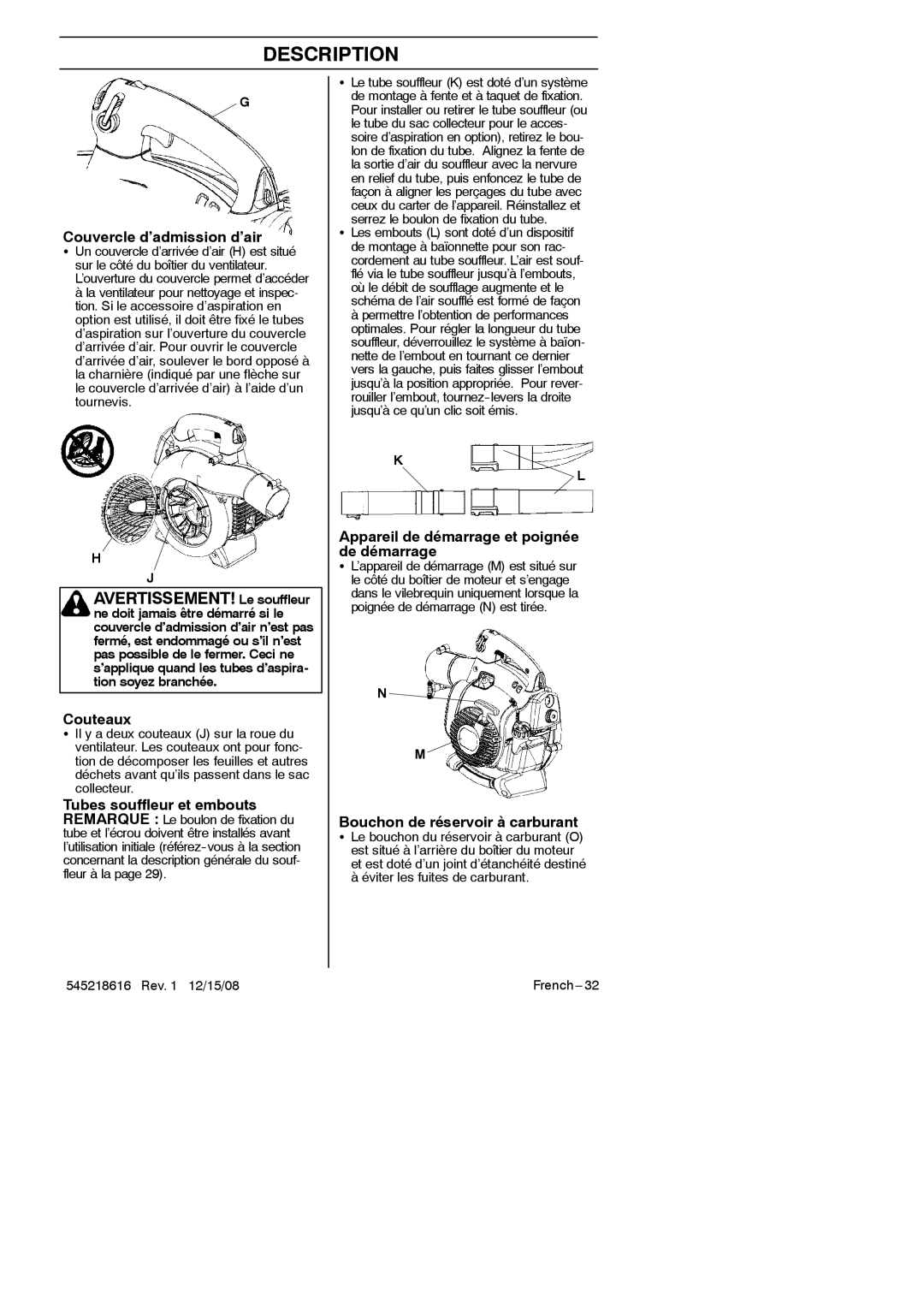 RedMax HB280 manual AVERTISSEMENT! Le souffleur, Couvercle d’admission d’air, Couteaux, Bouchon de réservoir à carburant 