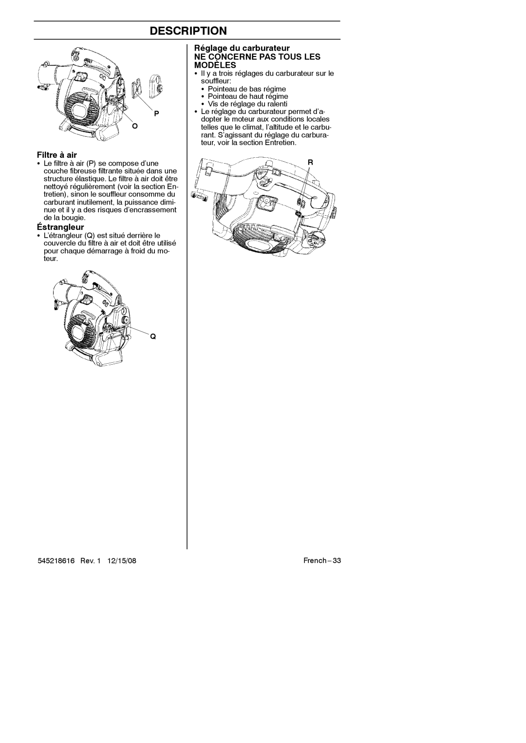 RedMax HB280 manual Filtre à air, Éstrangleur, Réglage du carburateur, NE Concerne PAS Tous LES Modèles 