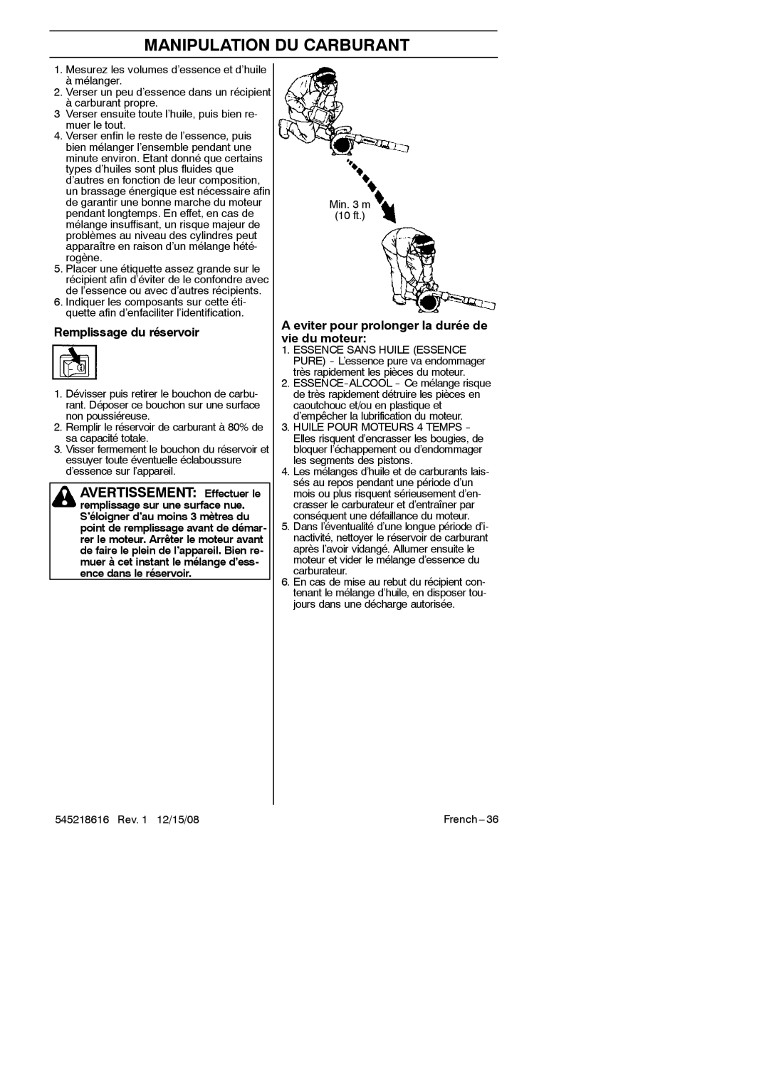 RedMax HB280 manual Avertissement Effectuer le, Remplissage du réservoir, Eviter pour prolonger la durée de vie du moteur 