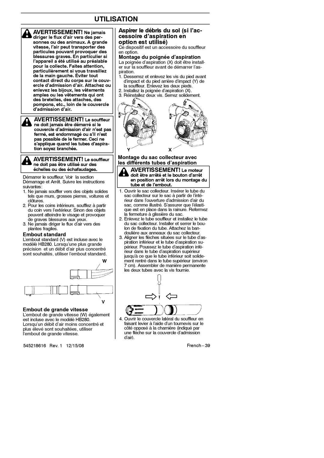 RedMax HB280 manual Embout standard, Embout de grande vitesse, Montage du poignée d’aspiration 